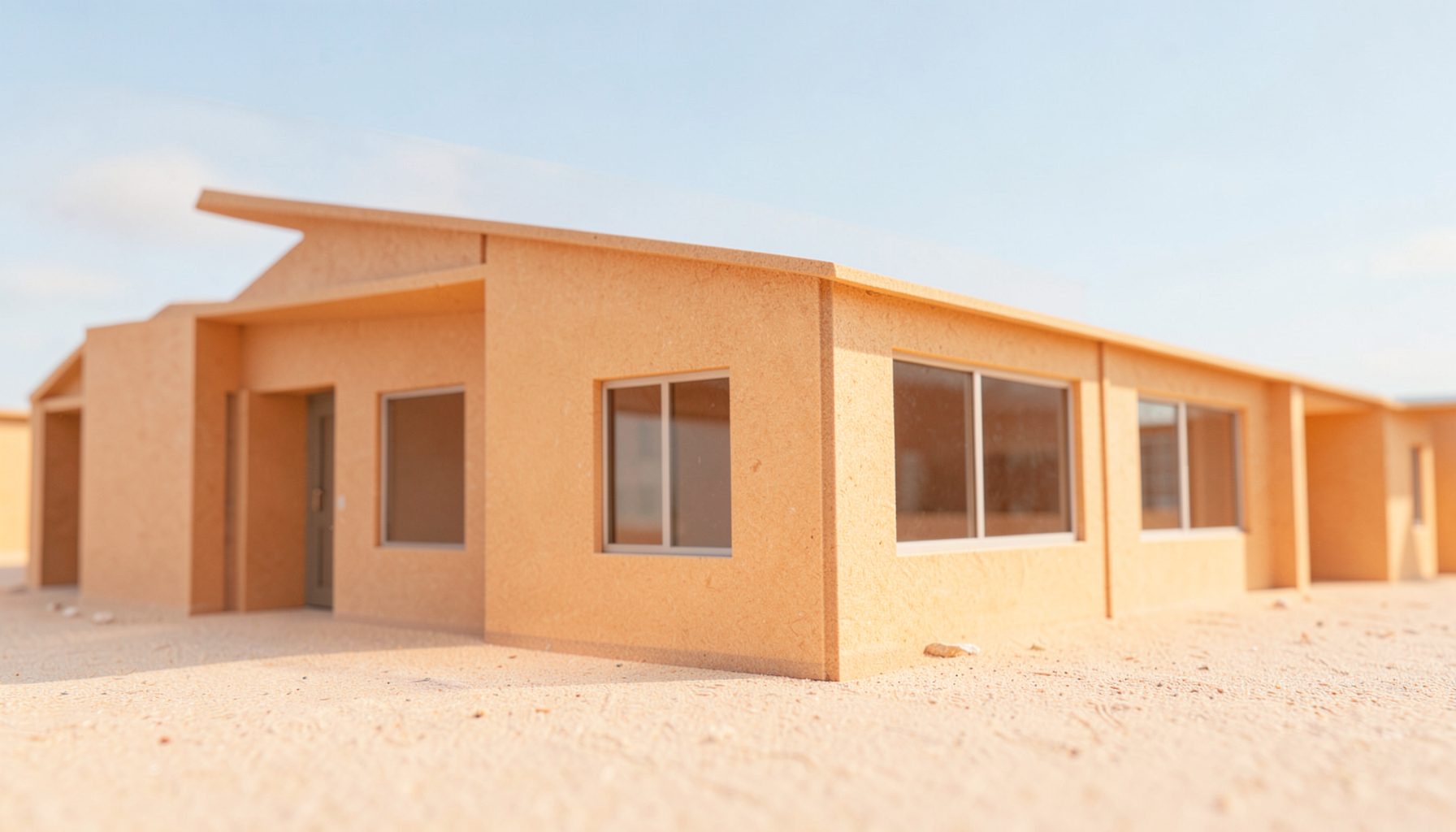 Wide exterior view of a low sandy-tan community building with clean rectangular windows under a pale blue sky, calm and inviting